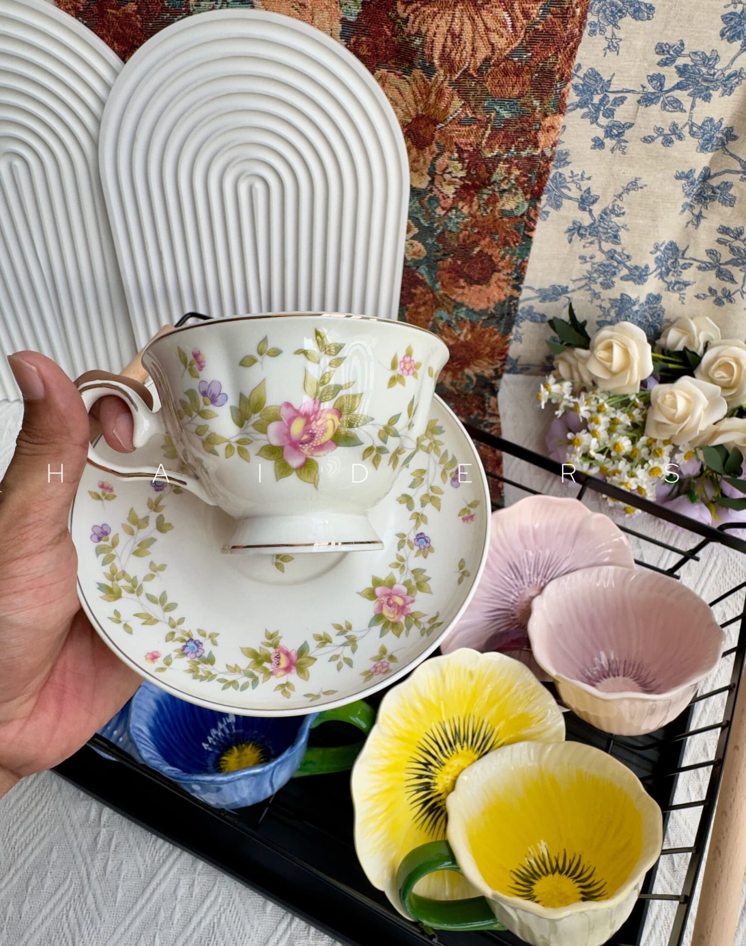 Pink Botanical Tea Cup & Saucer - view 1