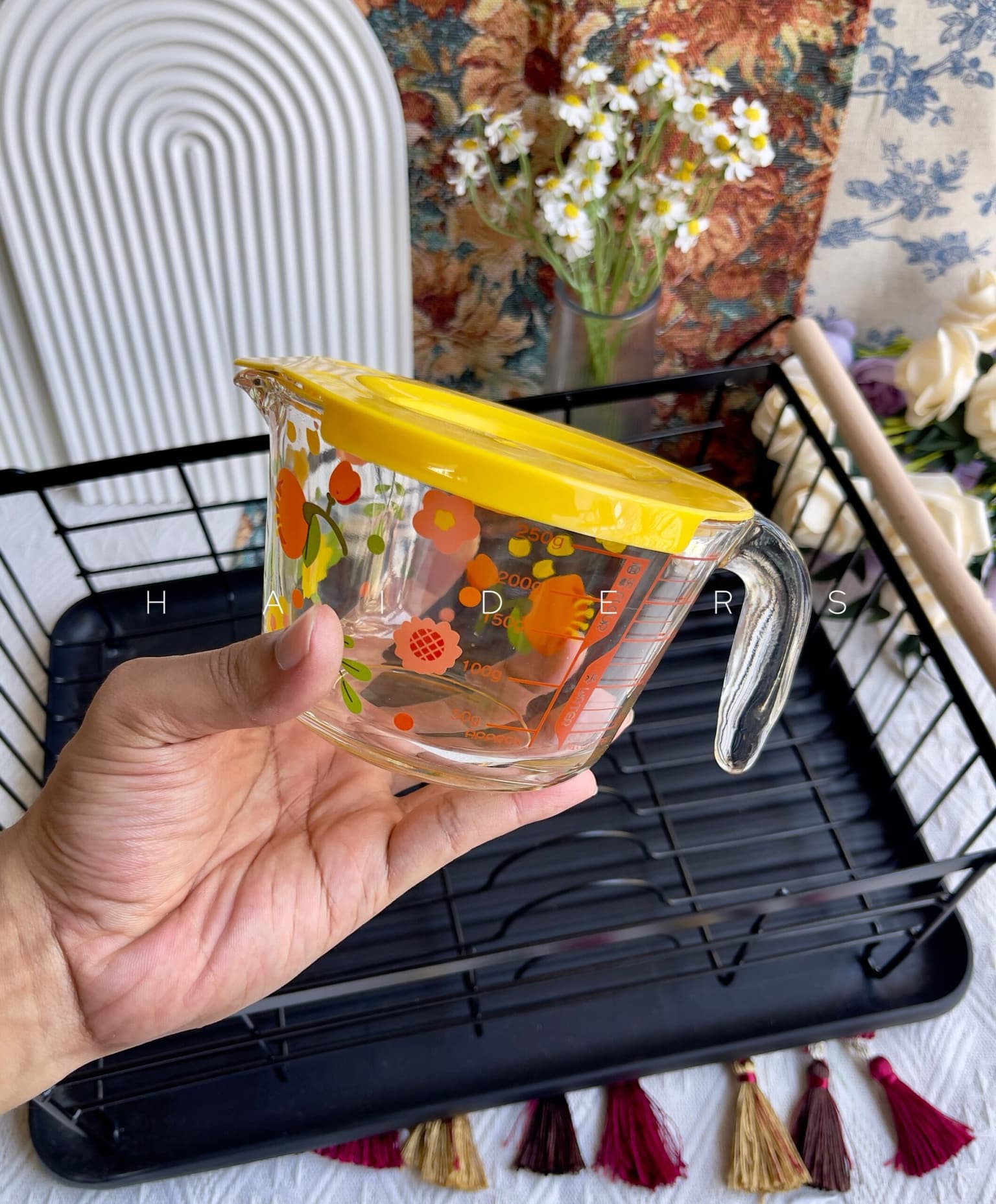 Floral Glass Measuring Jug with Lid - view 1