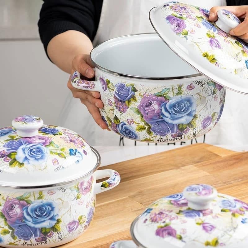 Blue Rose Enamel Pot
